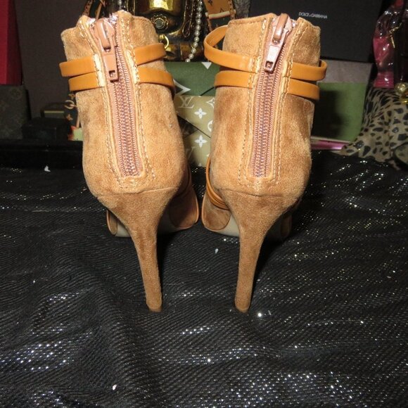 BOGO Tan Microsuede Faux Leather wrapped booties heels stilettos size 7.5 - Picture 4 of 15